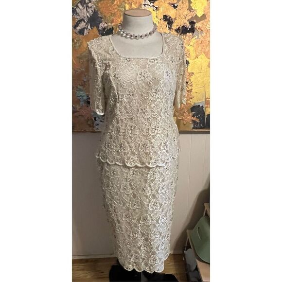 Stenay Woman Vintage Cream Formal Beaded Lace Short Sleeved Dress STUNNING 14w - Picture 1 of 12